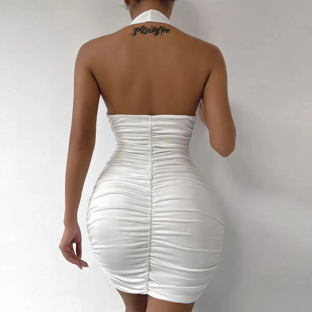 2024 Sexy Halter Evening Short Club Women Summer V Ruffle Tight Party Dresses White Deep Bodycon Dress Dress