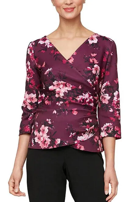 Alex Evenings V-Neck 3/4 Sleeve Faux Wrap Top