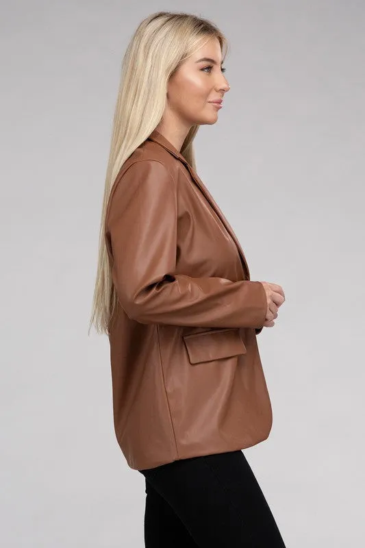 AMBIANCE APPAREL Sleek Pu Leather Blazer with Front Closure