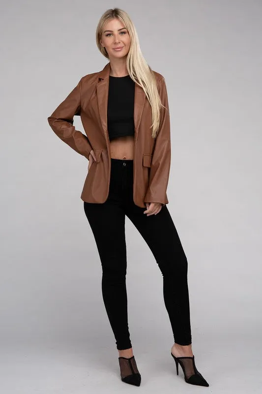 AMBIANCE APPAREL Sleek Pu Leather Blazer with Front Closure