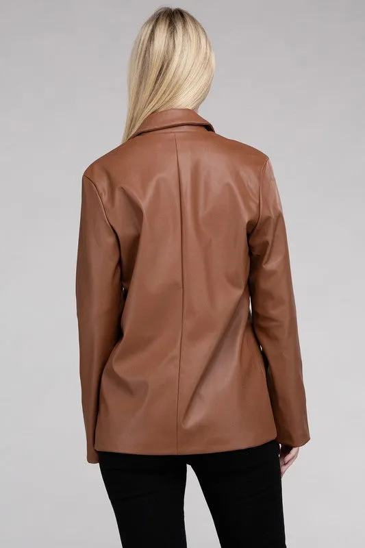 AMBIANCE APPAREL Sleek Pu Leather Blazer with Front Closure