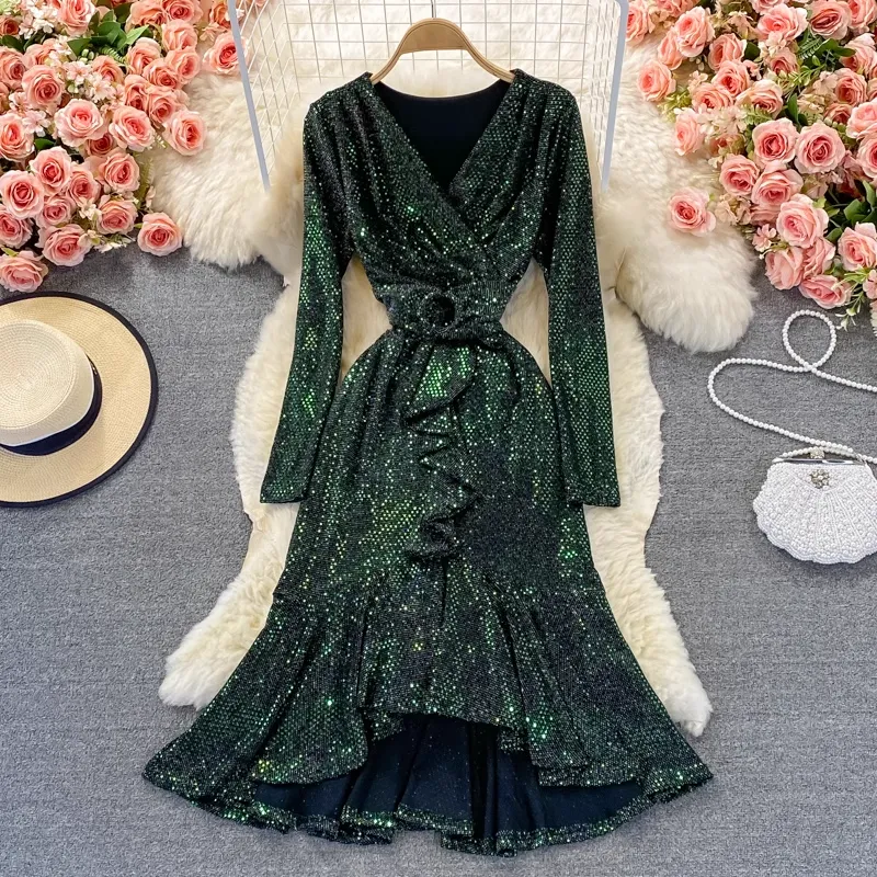 Autumn V-neck Sequined Ruffled Mermaid Dress 1800