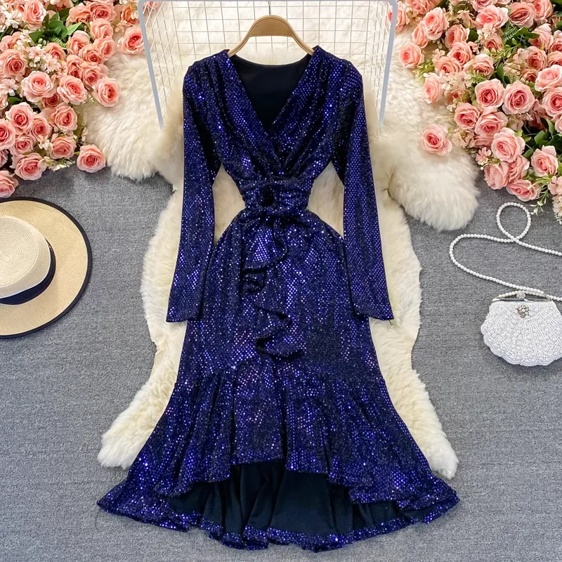 Autumn V-neck Sequined Ruffled Mermaid Dress 1800