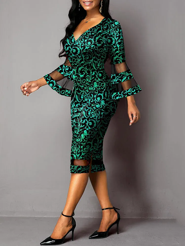 Bell Sleeve Floral Print Bodycon Midi Dresses