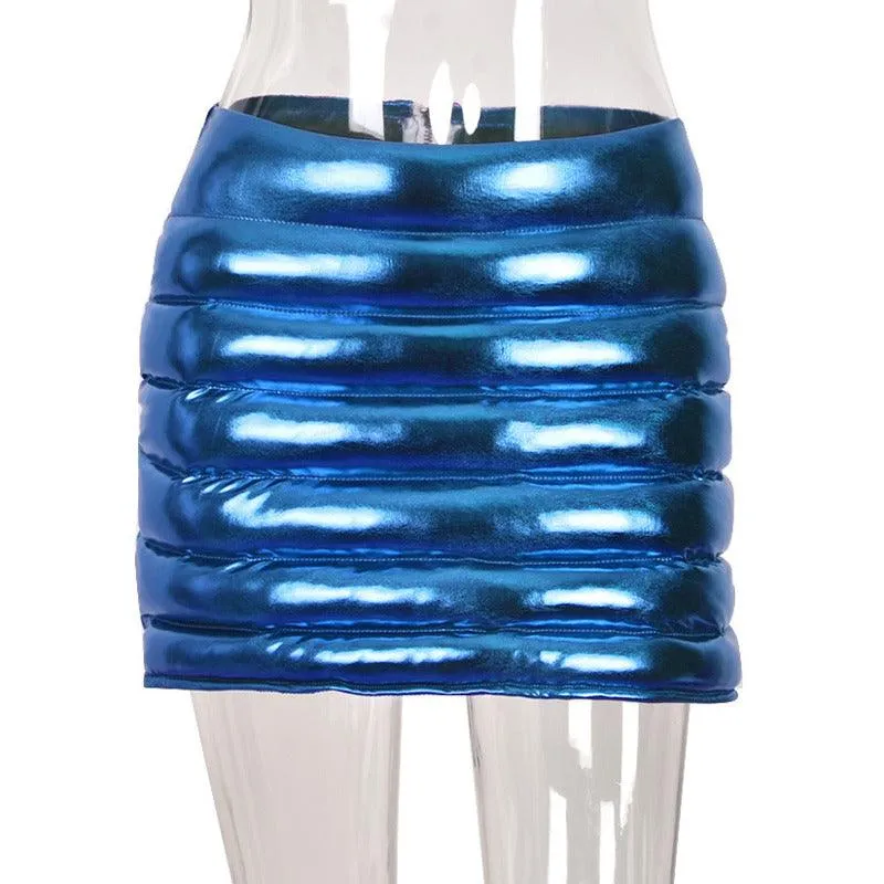 Blue Puffer Mini Skirt Metallic Shiny Warm Quilted