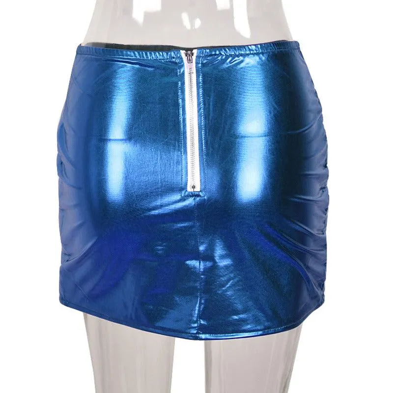 Blue Puffer Mini Skirt Metallic Shiny Warm Quilted