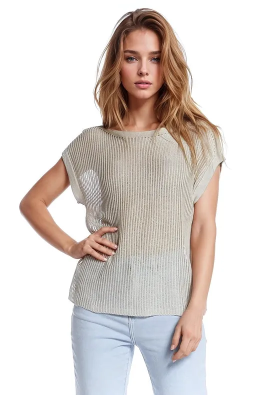 Boat Neck Ribbed Sweater With Cap Sleeves In Beige