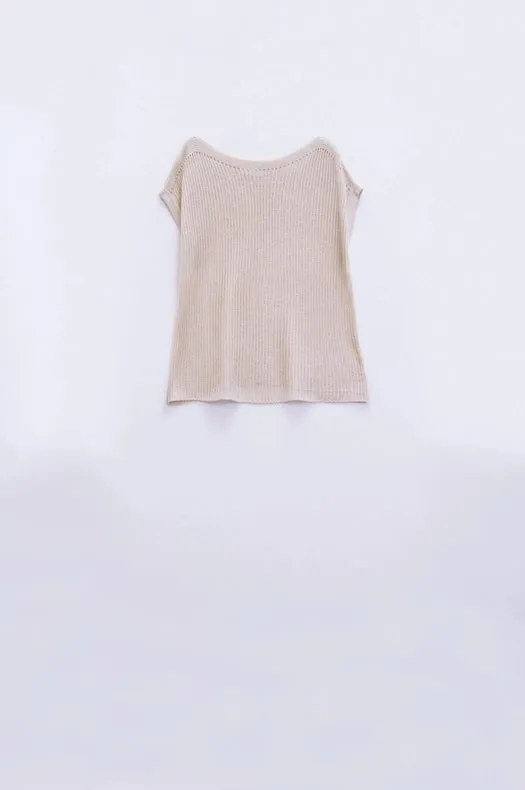 Boat Neck Ribbed Sweater With Cap Sleeves In Beige