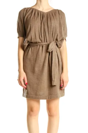 Brown Casual Fit & Flare Dress with Tie Waist