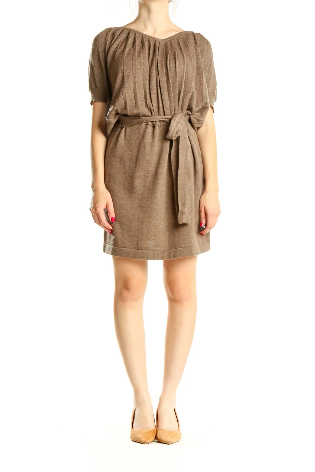 Brown Casual Fit & Flare Dress with Tie Waist