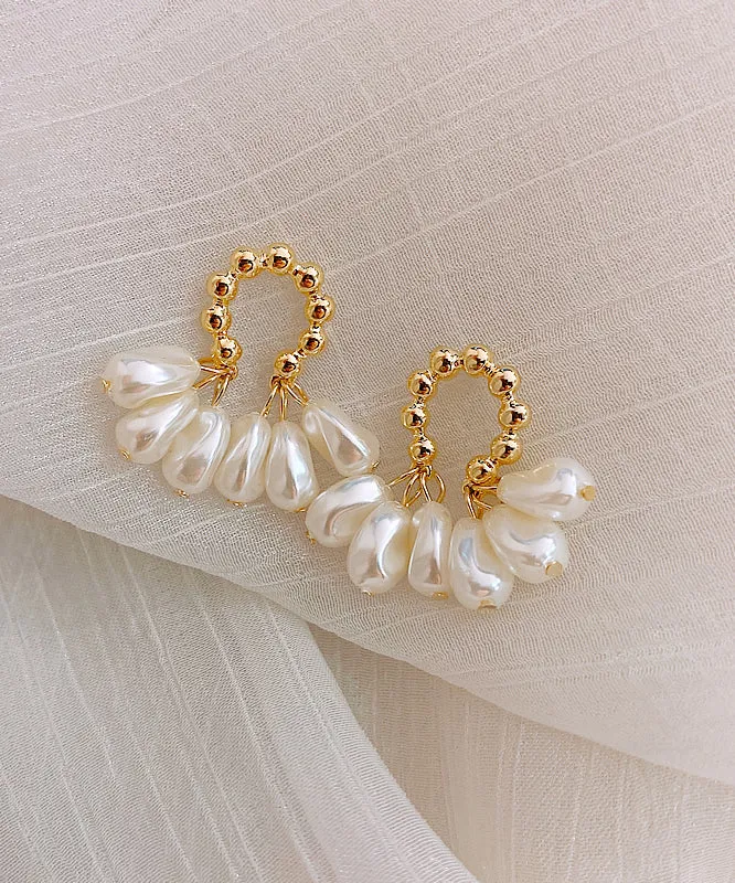 Casual Champagne Alloy Pearl Hoop Earrings LY1808