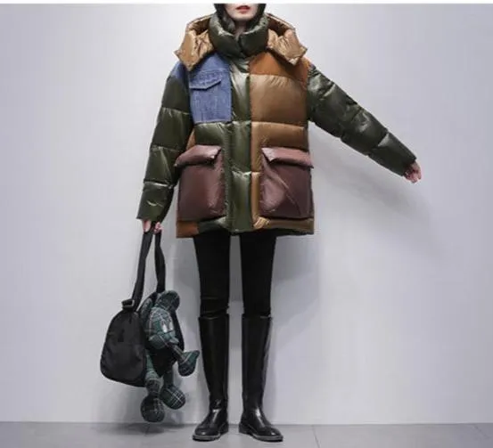 Color Block Denim Spliced Hooded Down Jacket