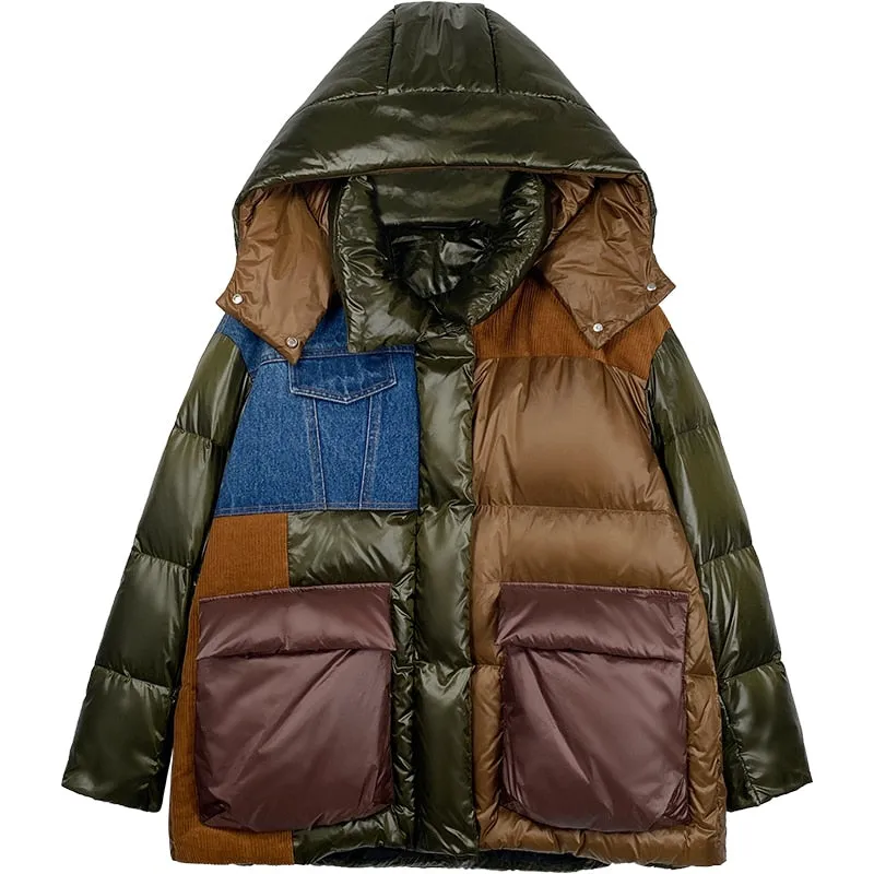 Color Block Denim Spliced Hooded Down Jacket