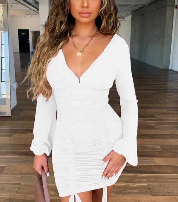 Deep V long sleeve nightclub queen style sexy tight-fitting bodycon dress with wooden ears