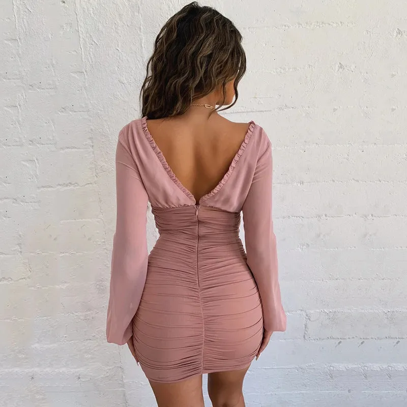 Deep V long sleeve nightclub queen style sexy tight-fitting bodycon dress with wooden ears