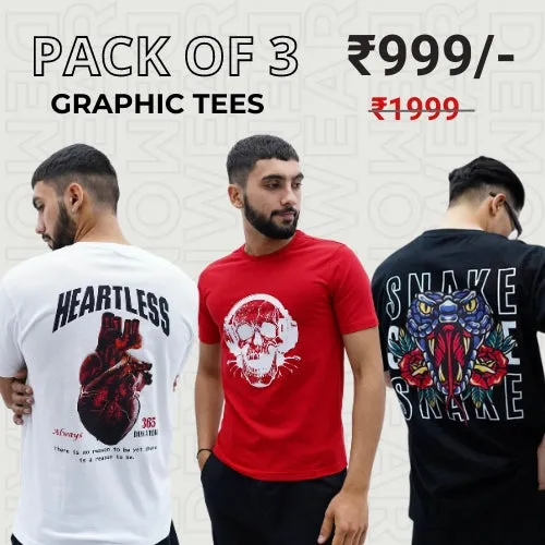 Demon Wear's "Heartless" Snake Skull Graphic T-Shirt Combo Pack Of 3 for Him