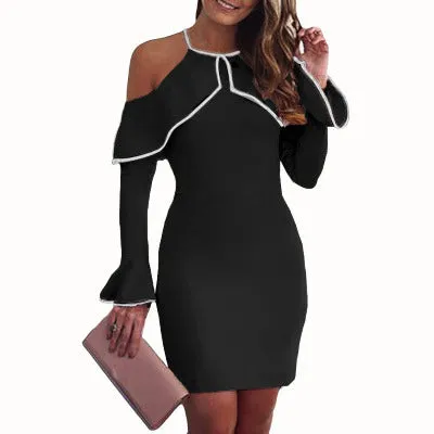 Fashion and elegant off-shoulder strap long-sleeved hip dress