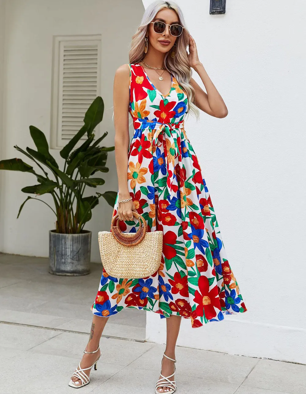 Floral Print V Neck Sleeveless Beach Midi A-Line Dresses