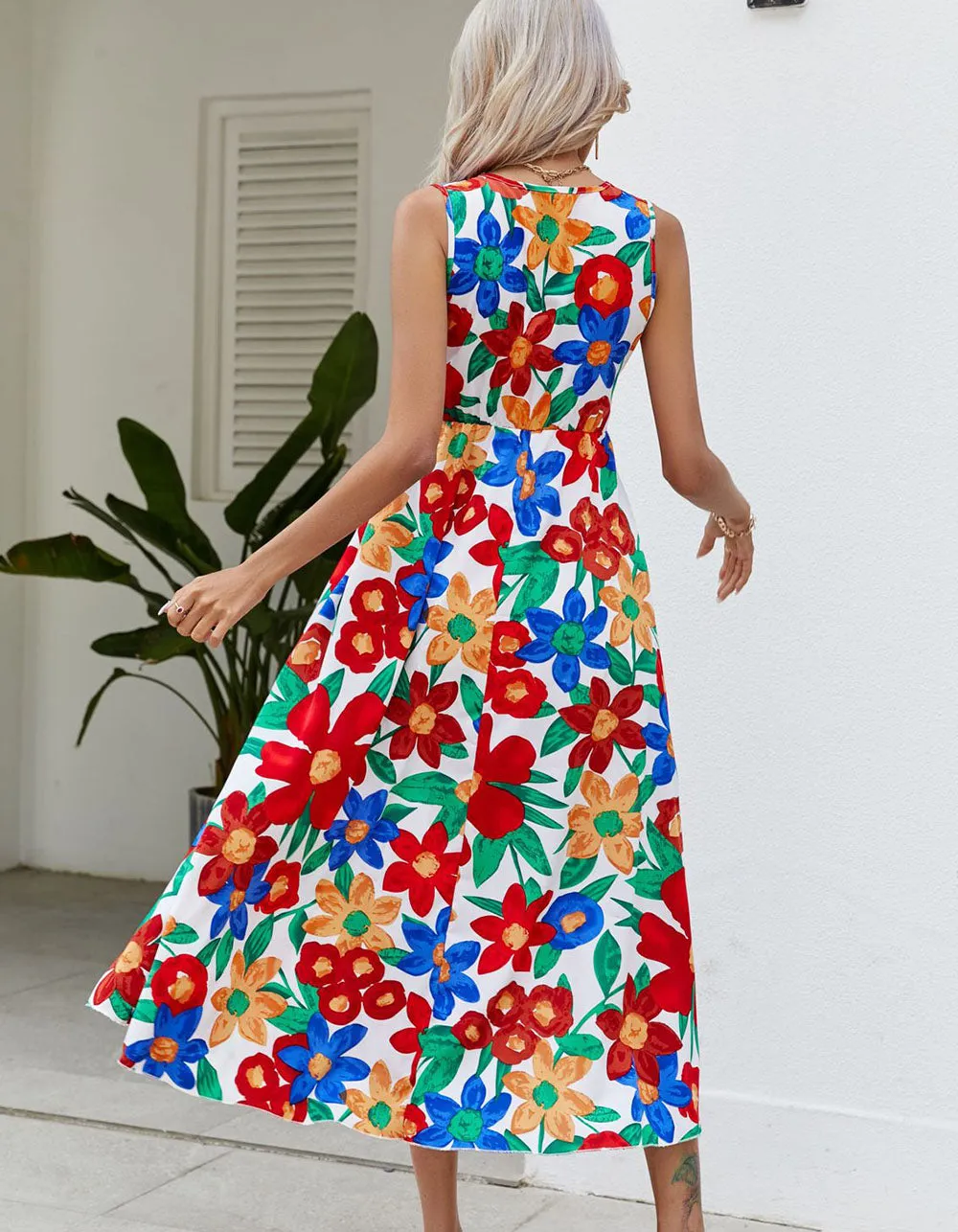 Floral Print V Neck Sleeveless Beach Midi A-Line Dresses