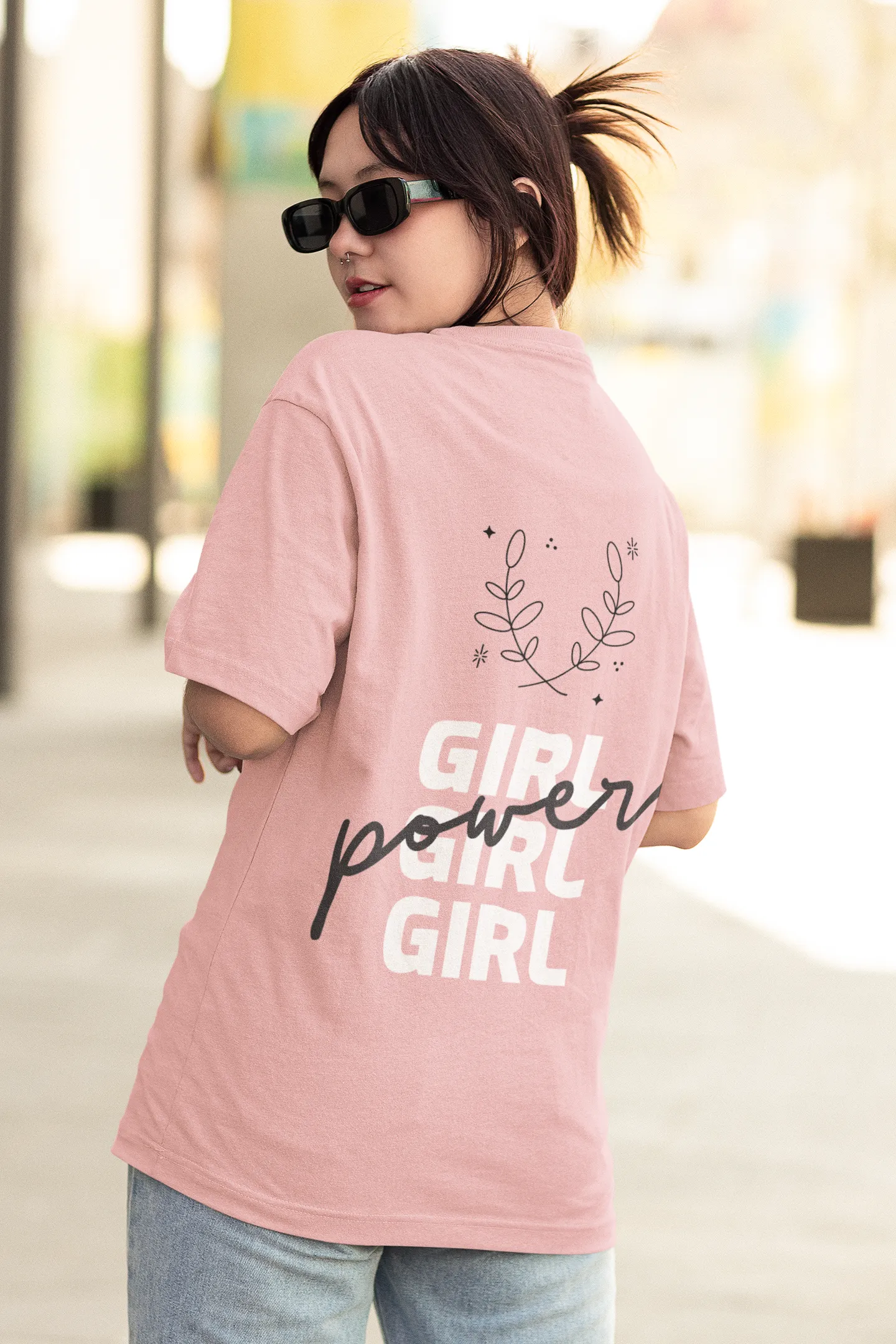 Girl Power Oversized Light Pink Front and Back Printed Tshirt Unisex