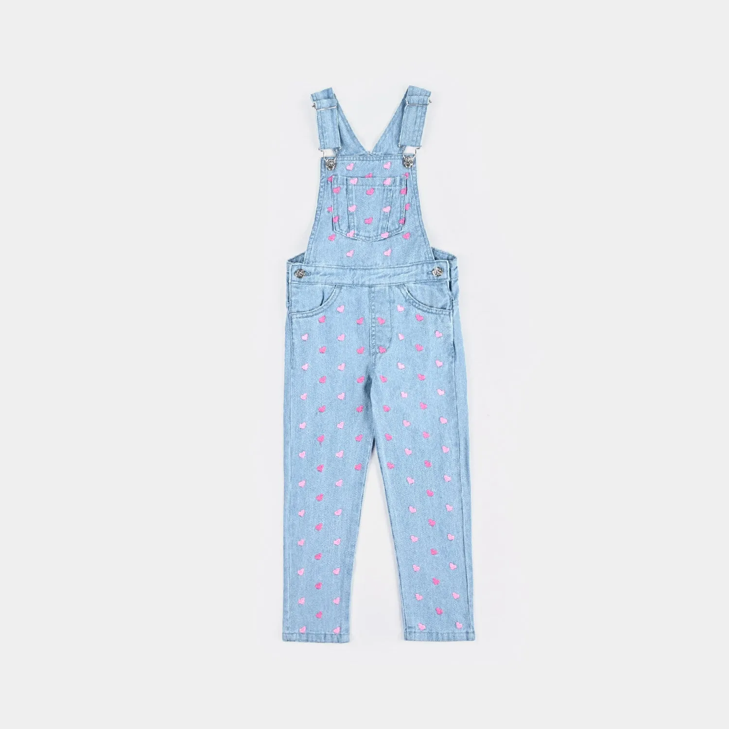 Girls Denim Rigid Dungaree Hearts-Ice Blue