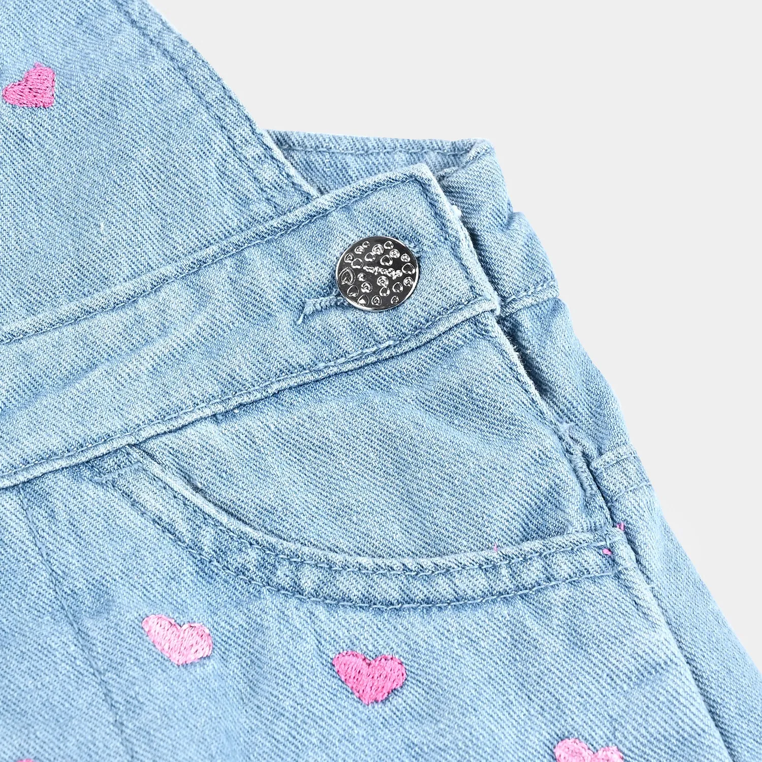 Girls Denim Rigid Dungaree Hearts-Ice Blue