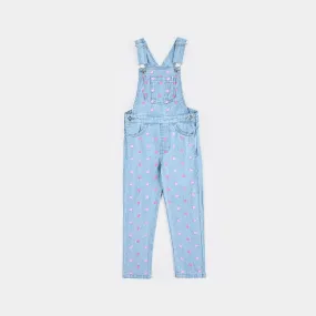 Girls Denim Rigid Dungaree Hearts-Ice Blue