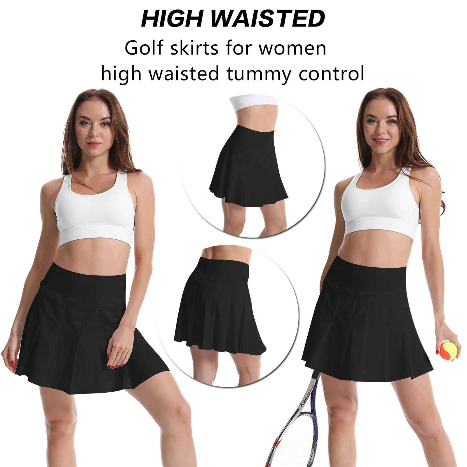 Golf Women's Tennis Skirts Pleated High Waisted Black