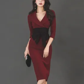 Intellectual and elegant temperament OL temperament sexy V-neck slim-fit lace-up contrast color bag hip mid-length dress