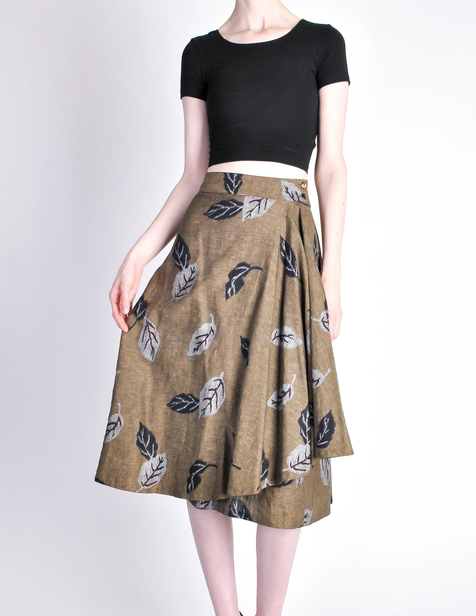 Kenzo Vintage Green Leaf Print Wrap Skirt