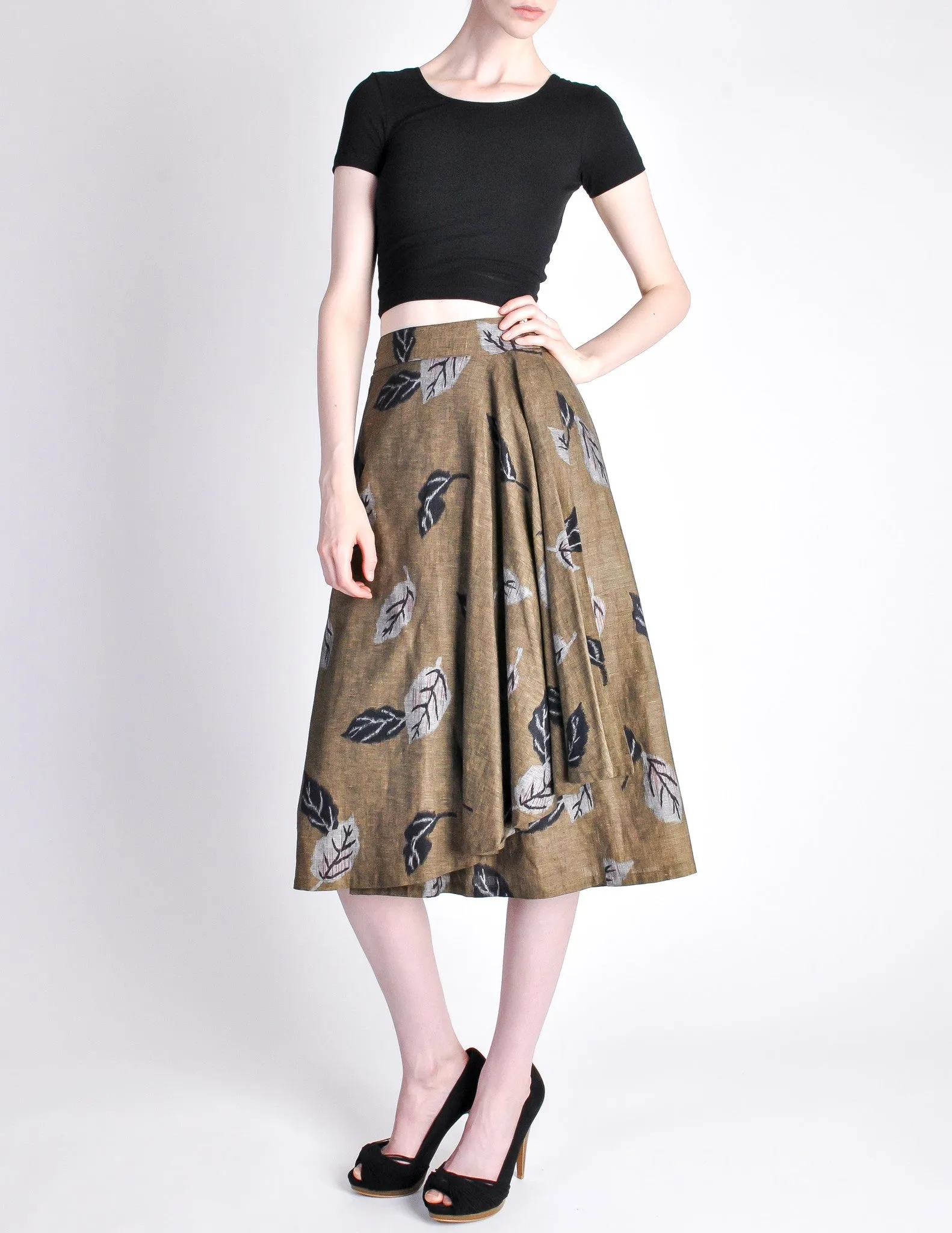 Kenzo Vintage Green Leaf Print Wrap Skirt