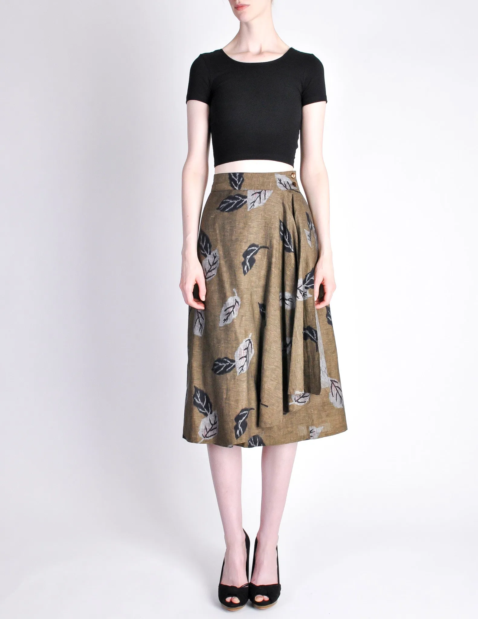 Kenzo Vintage Green Leaf Print Wrap Skirt