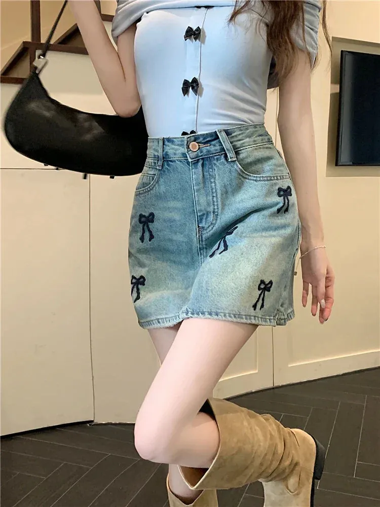 Korean Style Streetwear Mini Skirt with Embroidered Bow