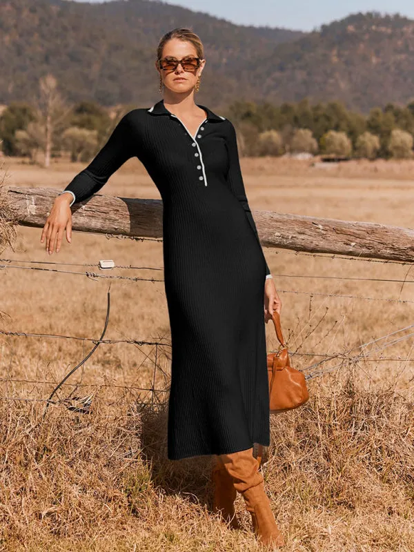 Long Sleeve Sheath Midi Dress with Knit Contrast Trim Collar