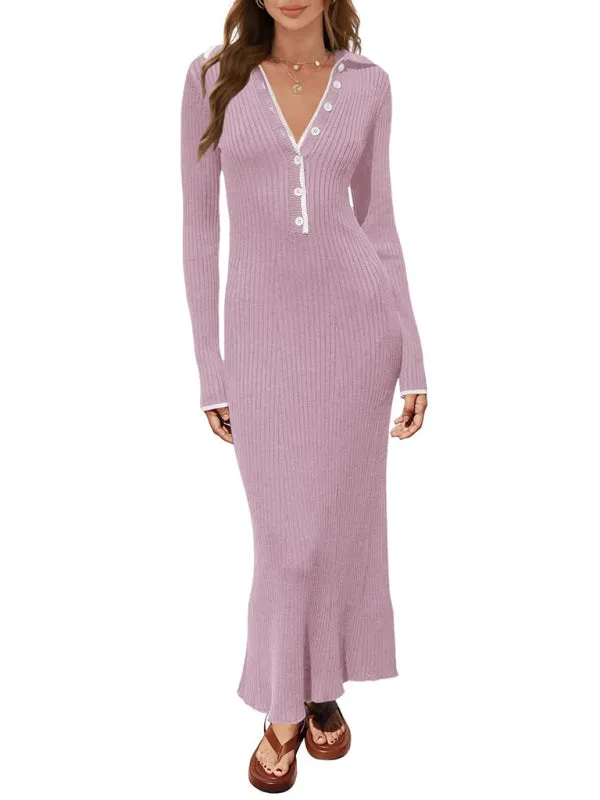 Long Sleeve Sheath Midi Dress with Knit Contrast Trim Collar