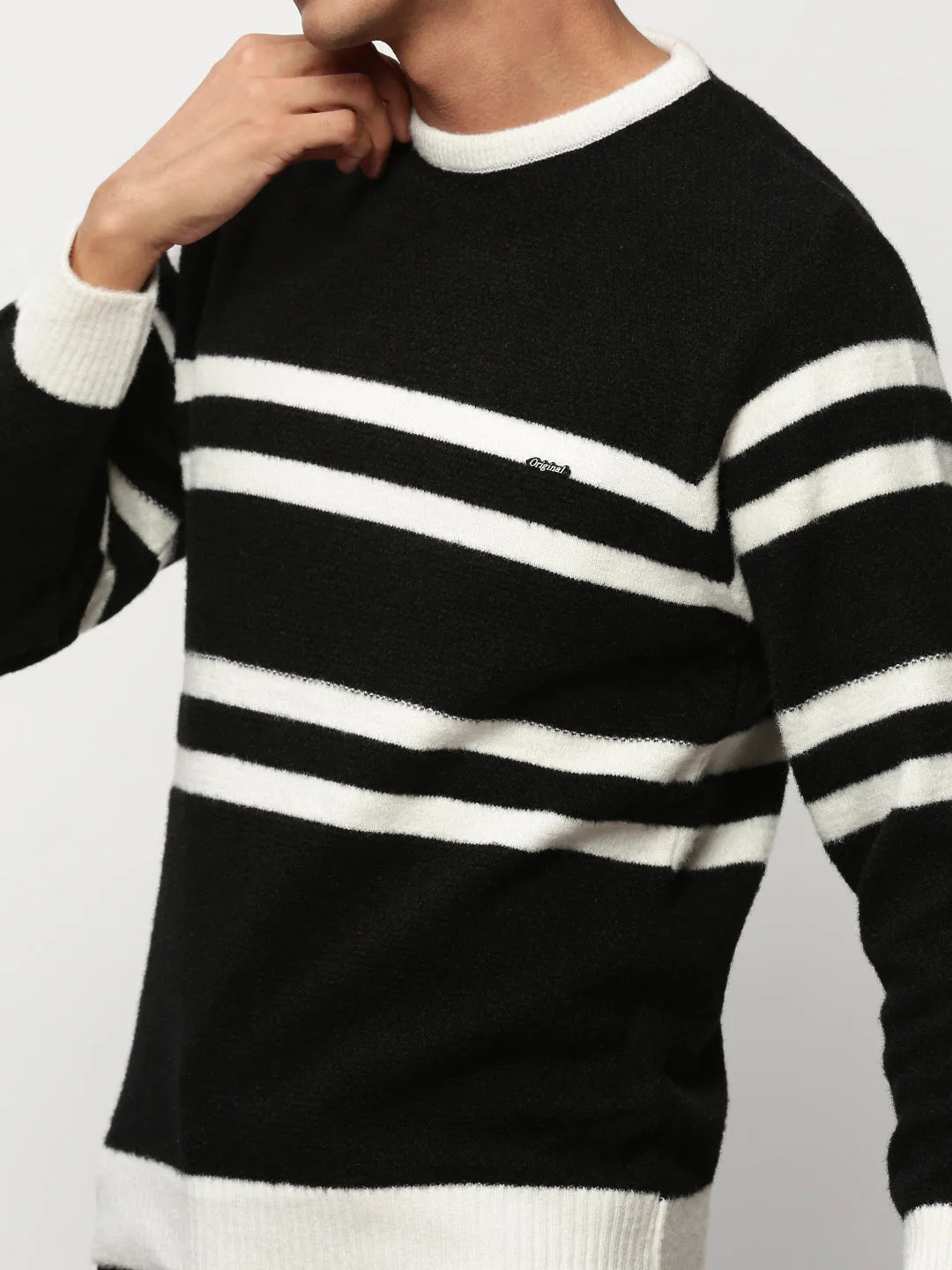 Men Black Striped Casual Sweaters