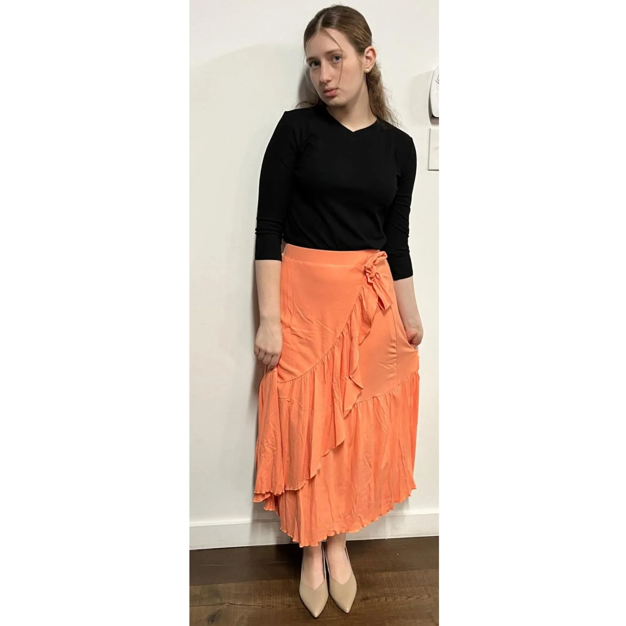 Microribbed Faux Wrap Skirt Apricot