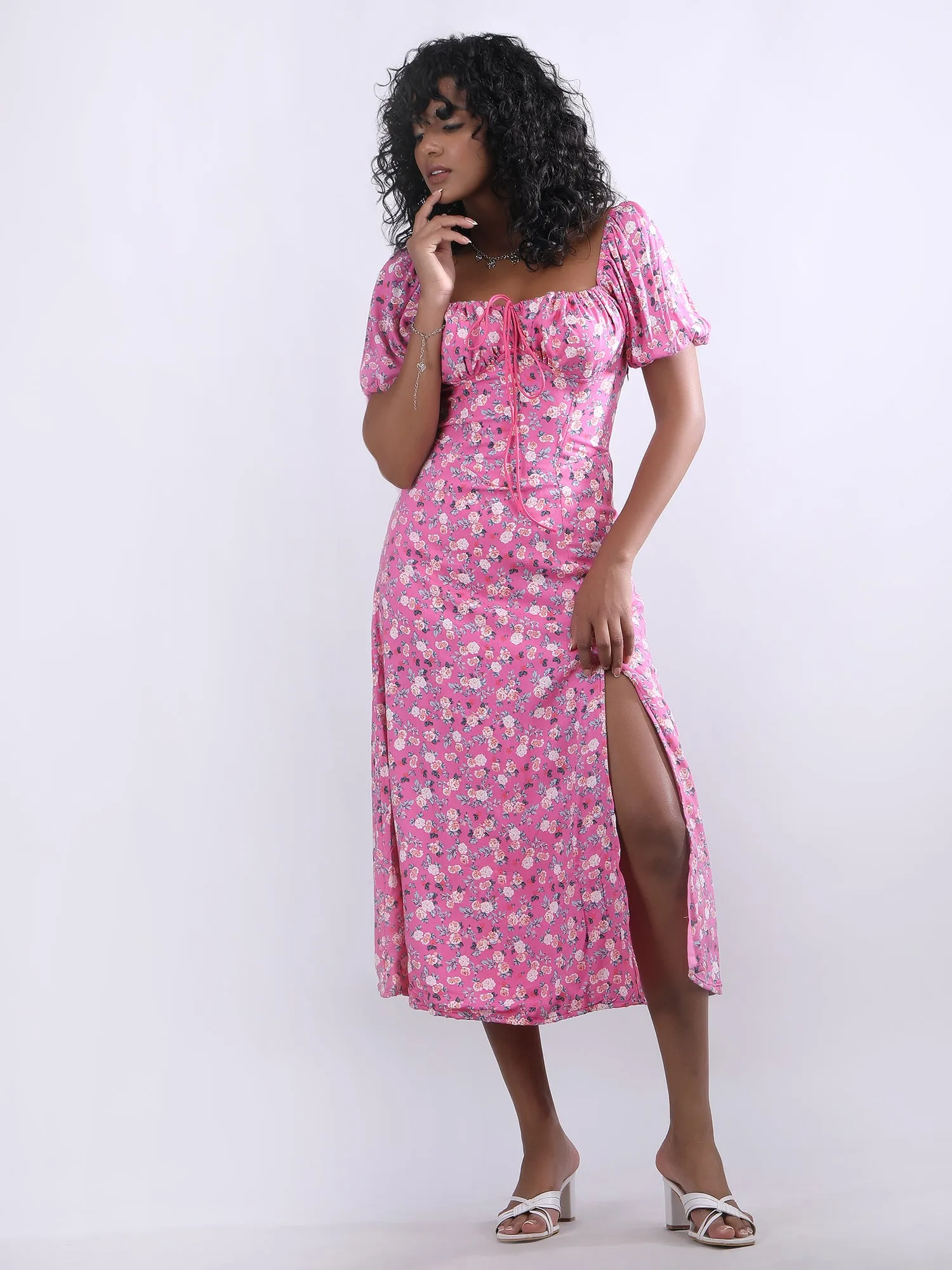 Pink printed Maxi side slit Bustier Flared Dress