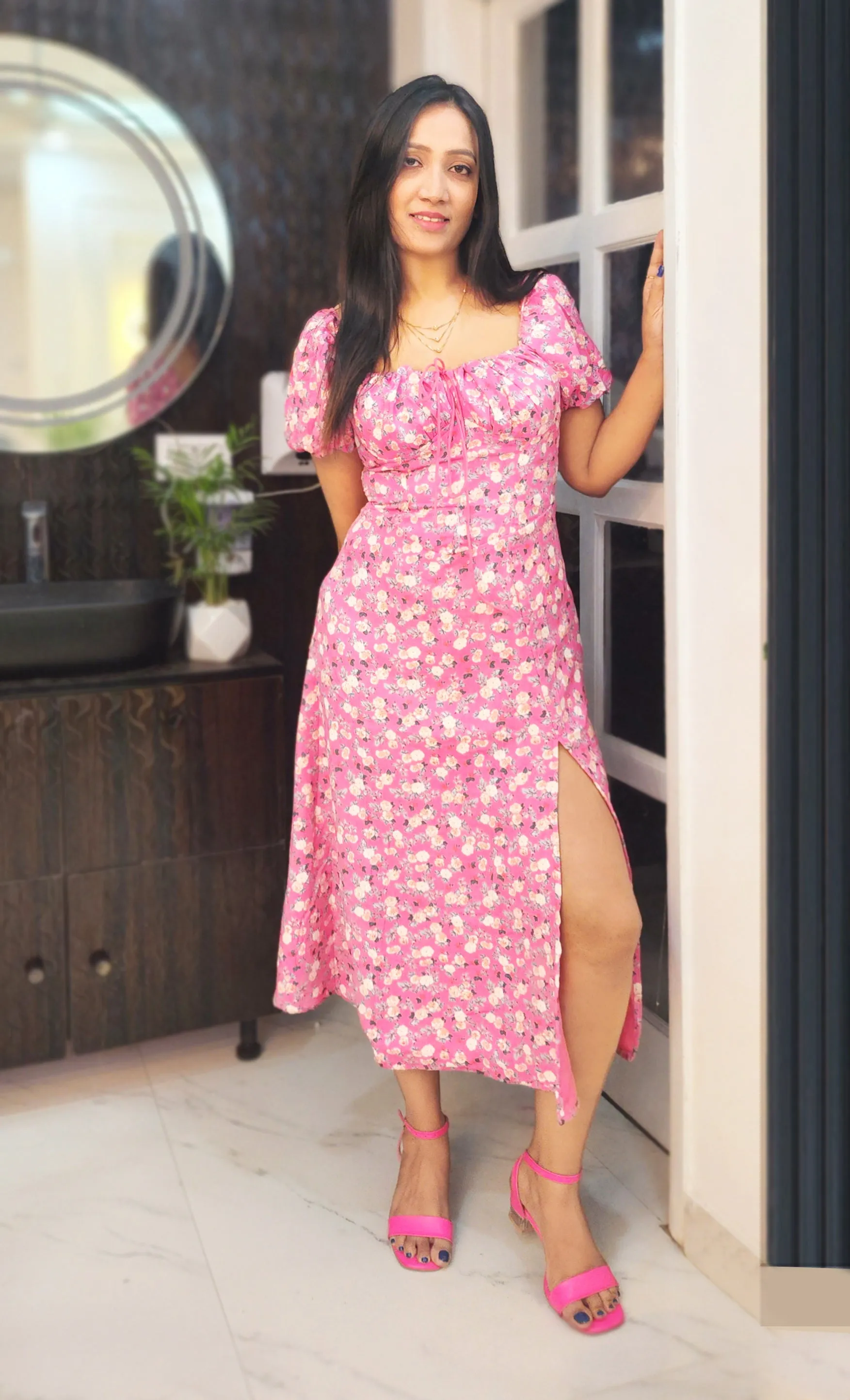 Pink printed Maxi side slit Bustier Flared Dress