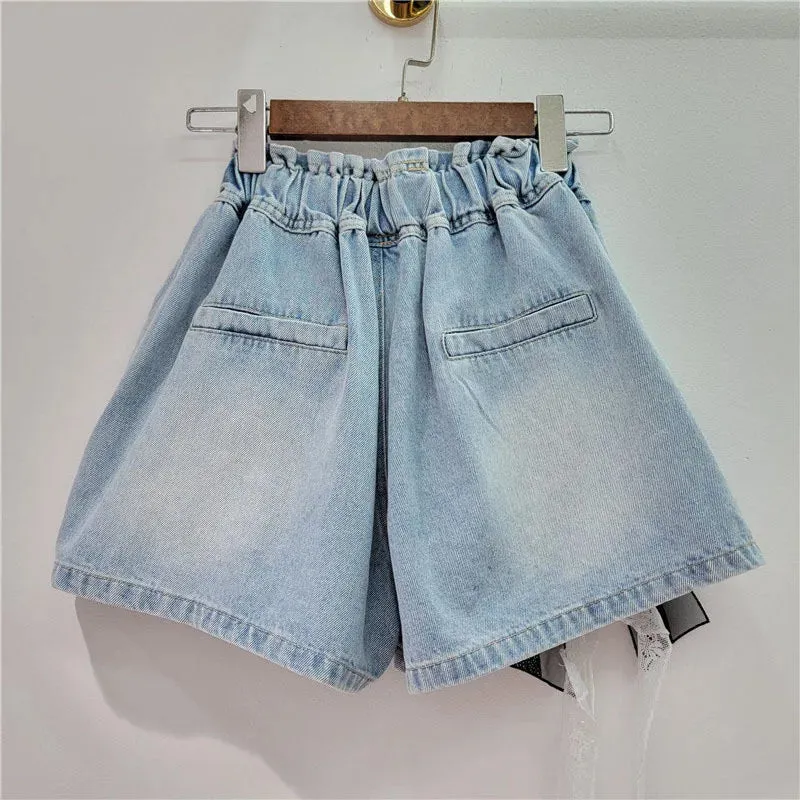 Pre Order: Hot Stamping 3D Butterfly Bow Wide Leg Denim Shorts