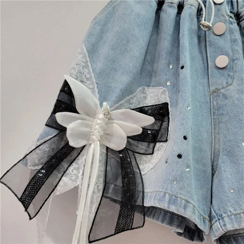 Pre Order: Hot Stamping 3D Butterfly Bow Wide Leg Denim Shorts