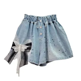 Pre Order: Hot Stamping 3D Butterfly Bow Wide Leg Denim Shorts