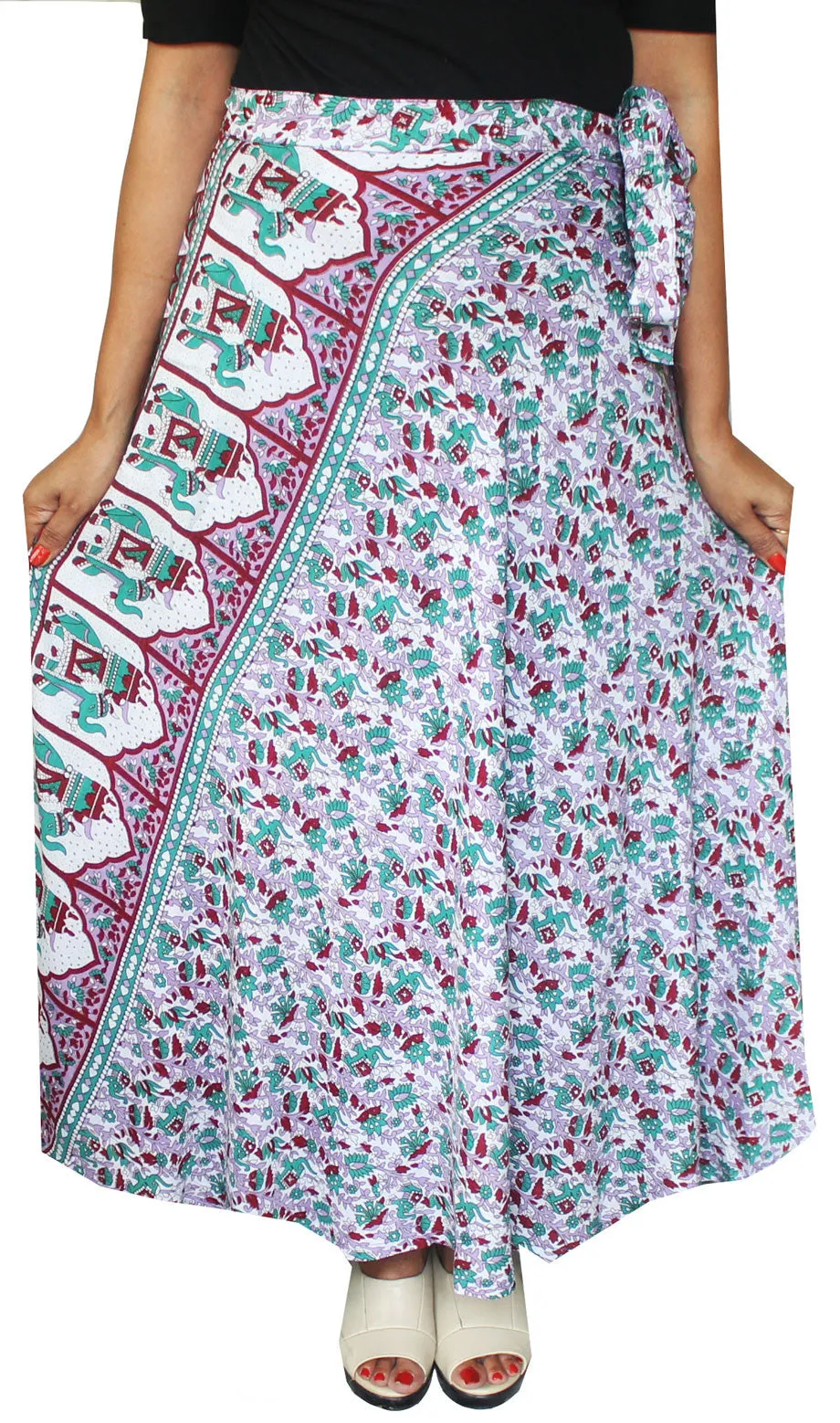 Printed Long Rayon Wrap Around Skirt India Women (Green)