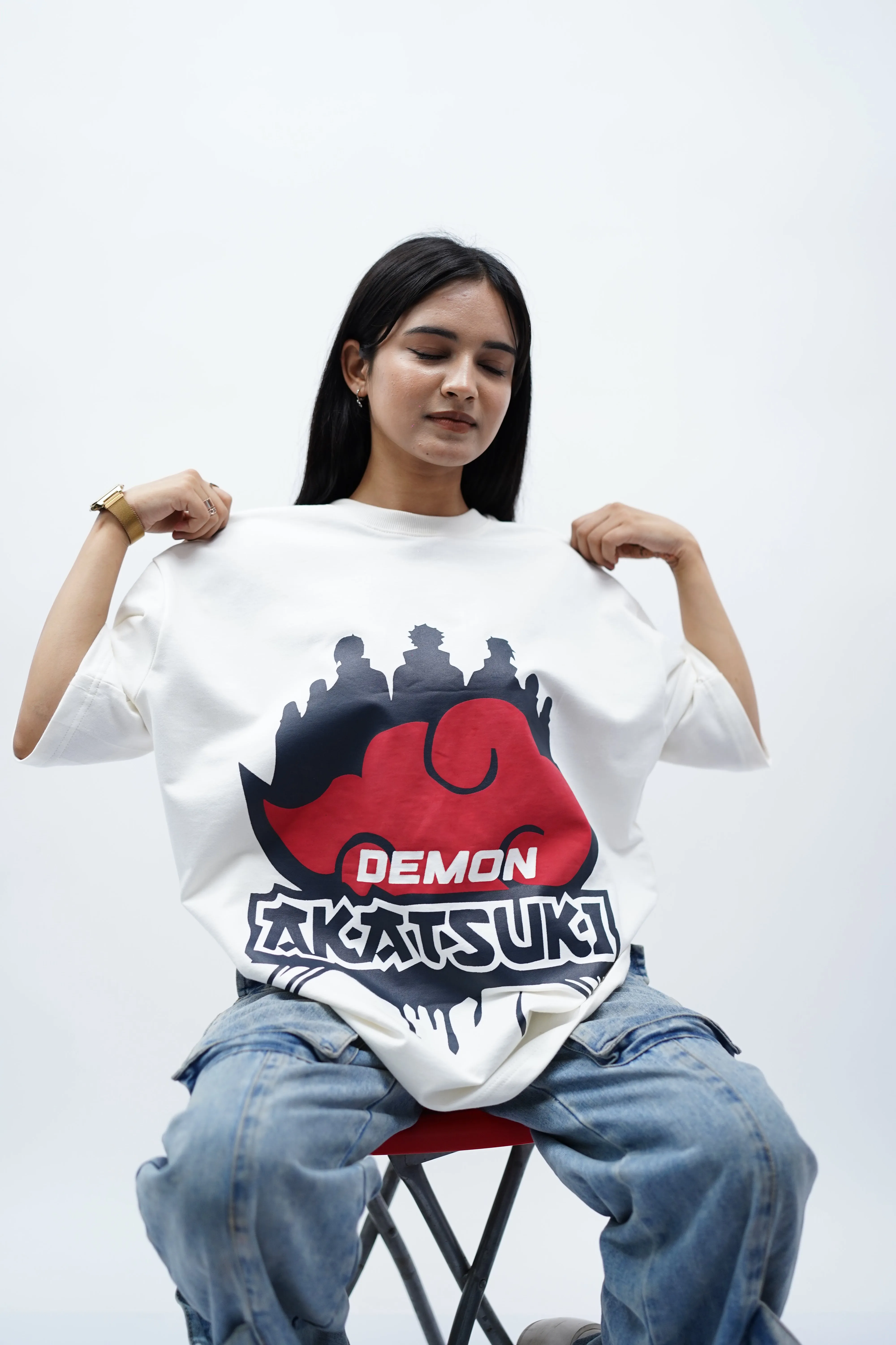 "Akatsuki" Oversized Puff Print Off White T-Shirt By DemonWear for Her