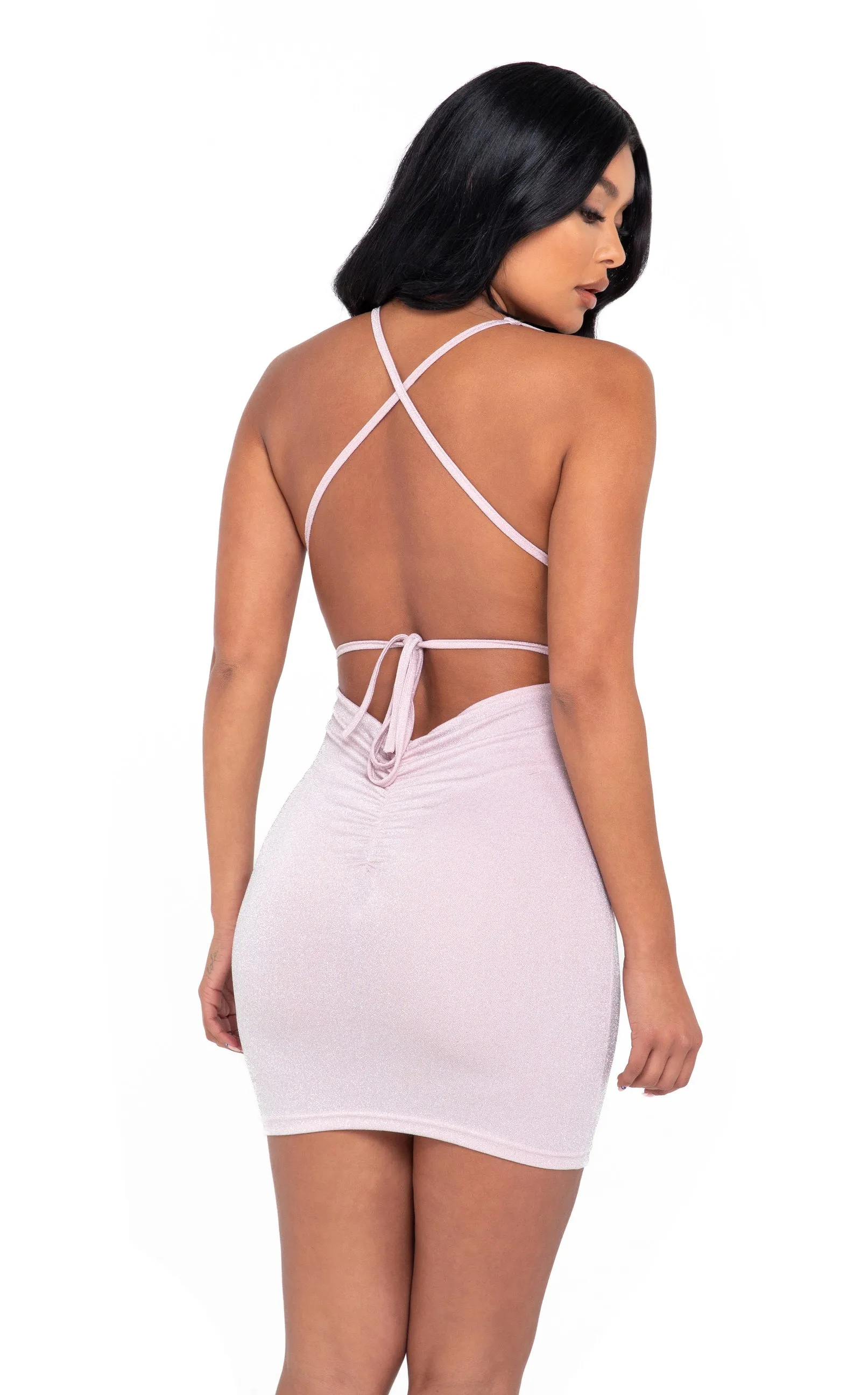 Roma Glitter Cocktail Dress with Criss-Cross Strap Baby Pink