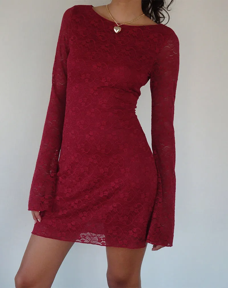 Sevila Long Sleeve Mini Dress in Deep Red Lace