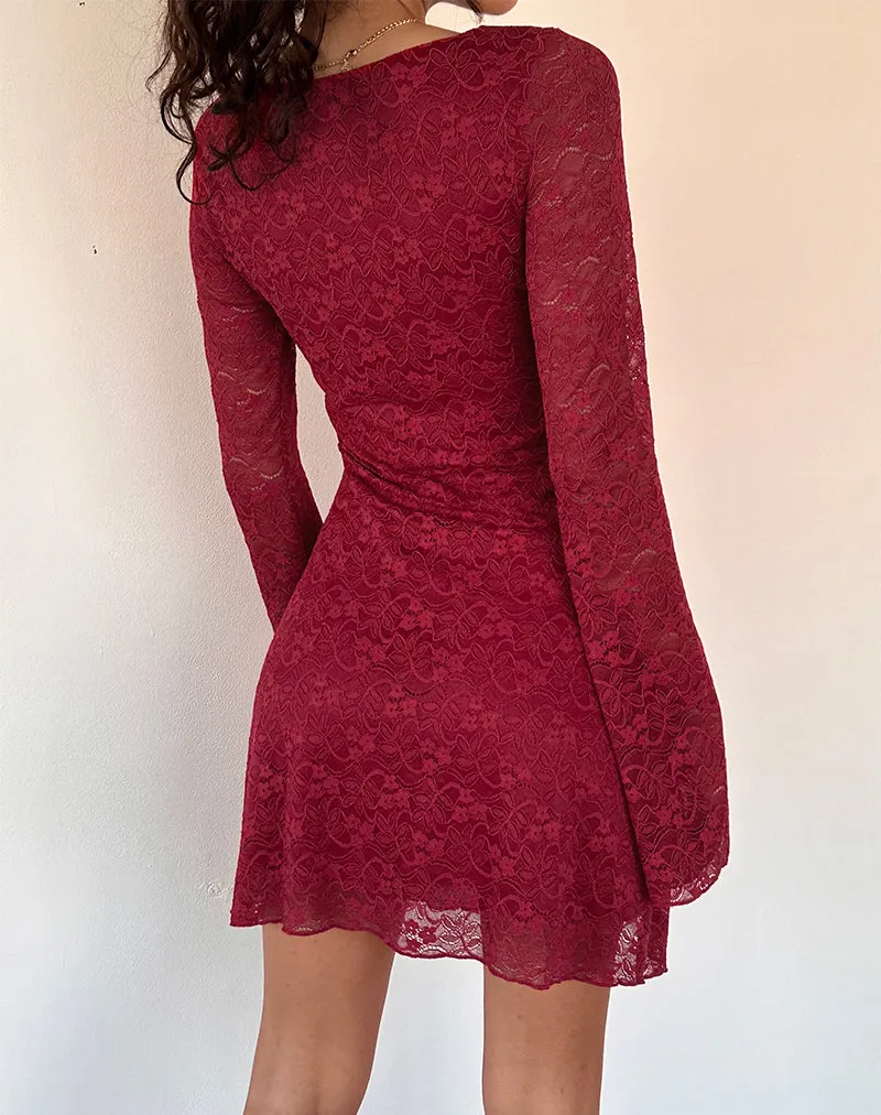 Sevila Long Sleeve Mini Dress in Deep Red Lace