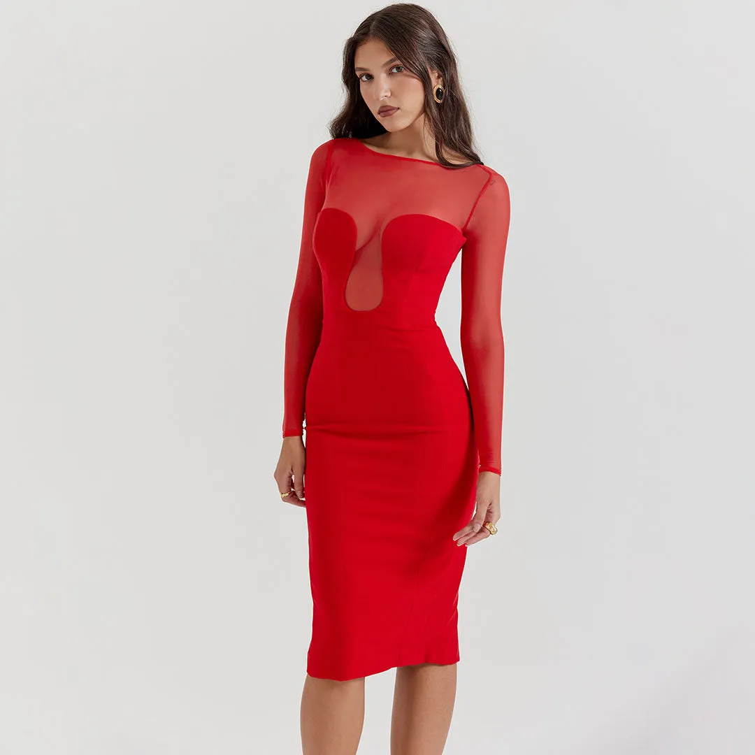 Sexy Sheer Plunge Mesh Long Sleeve Fitted Midi Cocktail Dress - Red