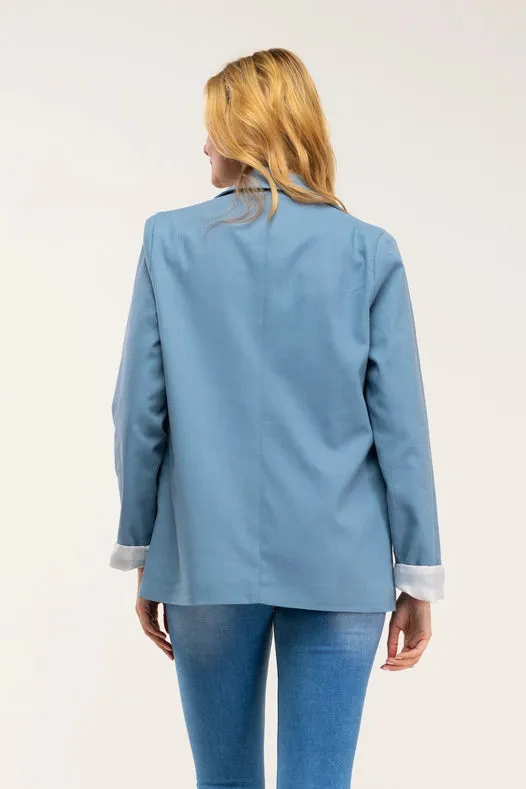 Striped Blazer-Style Blazer Jacket With Lapels And Button Detail Blue