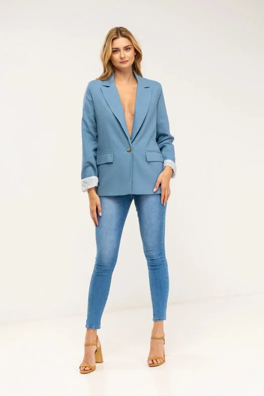 Striped Blazer-Style Blazer Jacket With Lapels And Button Detail Blue